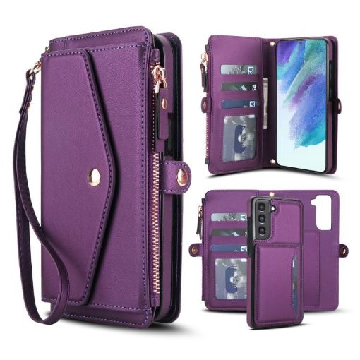 Galaxy S21 FE 5G Leather Wallet Case with Lanyard (Dark Purple) - 1