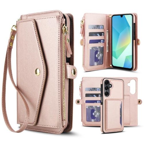 Samsung Galaxy A16 5G Wallet Leather Case with Lanyard, Rose Gold - 1