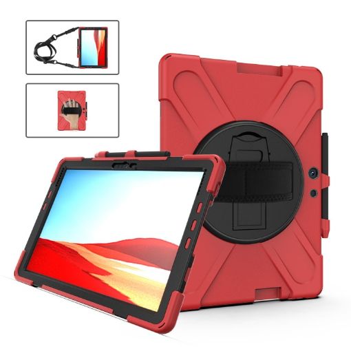 Red Shockproof Case for Microsoft Surface Pro X with Strap & Holder - 1