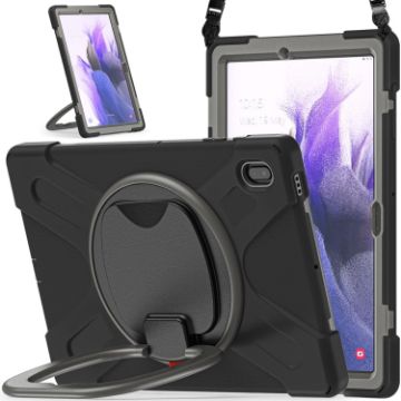 Samsung Galaxy Tab S7 FE T730 Case with Holder & Strap (Black+Grey) - 1