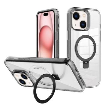 iPhone 15 Plus Kalebol MagSafe Holder Clear TPU Case (Black) - 1