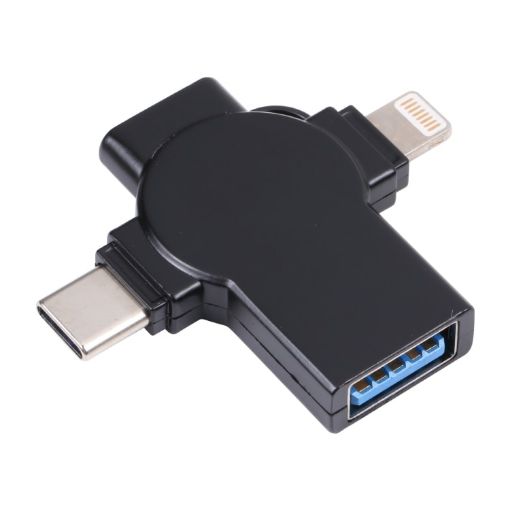 X09 4-in-1 USB to Dual 8 Pin + USB-C OTG Adapter (Black) - 1