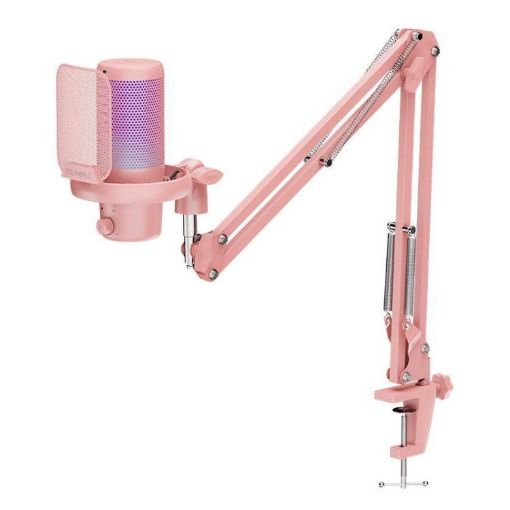 FEELWORLD VM1 Pink USB Gaming Microphone with RGB Light & Stand - 1