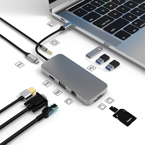 Basix BL10V 10-in-1 USB-C Hub: HDMI, VGA, RJ45, SD/TF, PD, USB Ports - 1