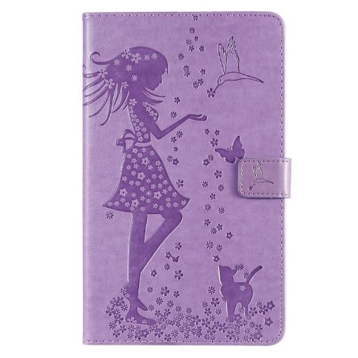 Galaxy Tab A 8.0 (2019) Woman & Cat Pattern Flip Case, Purple - 1