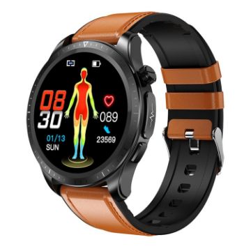 E420 1.39" Smart Watch, Leather Strap, Heart/BP Monitoring (Brown) - 1