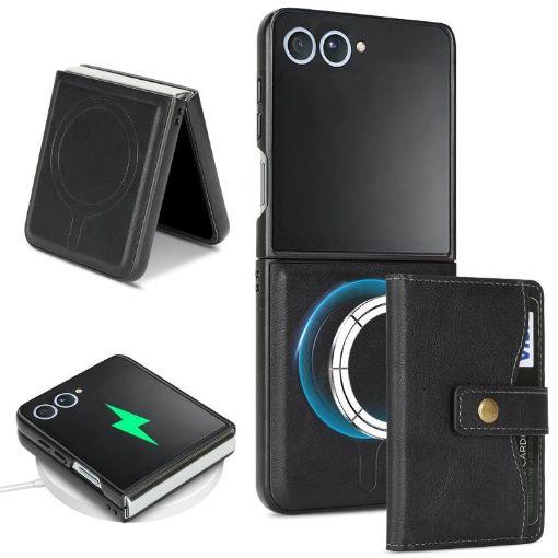 Samsung Galaxy Z Flip7 Leather Case with MagSafe & Card Holder (Black) - 1