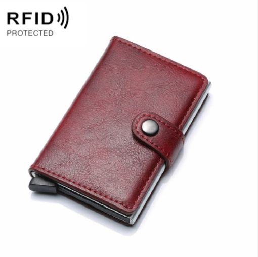 Wine Red PU Aluminum Card Case RFID Shielding Anti-Theft Wallet - 1