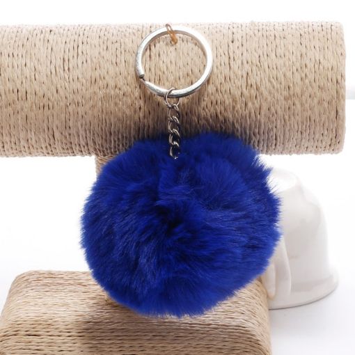 Royal Blue Fur Ball Pompon Keychain for Women - Bag & Car Accessory - 1