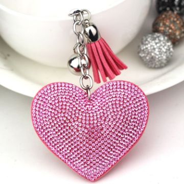 Heart Keychain Crystal Charm Leather Tassel Gold Keyring Gift - 1