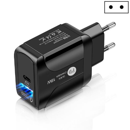 18W PD + QC 3.0 Fast Charger with LED Indicator (EU Plug Black) - 1