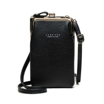 Ladies Black Pebbled Zipper Wallet & Mobile Phone Shoulder Bag H2107 - 1