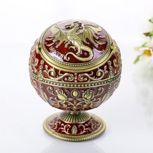Dragon Ancient Copper Metal Globe Ashtray with Lid for Decoration - 1