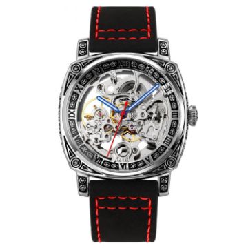 SKMEI 9271 Red Waterproof Mechanical Watch, Leather Strap - 1