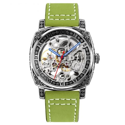 SKMEI 9271 Green Leather Strap Waterproof Mechanical Watch - 1