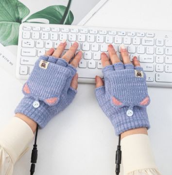 Winter USB Heated Half Finger Gloves with Cover, Free Size, Blue - 1