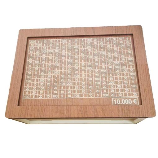 Light Brown Wooden Money Box Piggy Bank with Counter, 10,000 Euros - 1