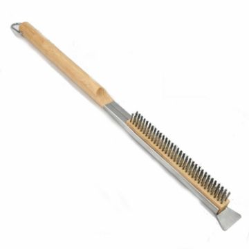 21" Wooden Handle Pizza Oven Brush with Copper Bristles & Scraper - 1