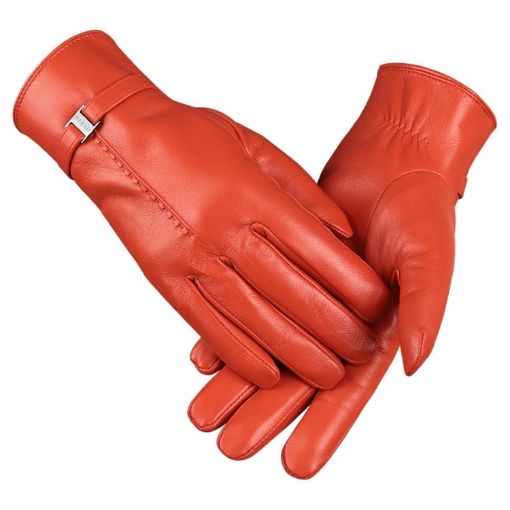 OZERO Women's Orange Red Sheepskin Gloves, Fleece Lined, Size M - 1