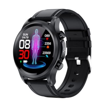 E400 Smart Watch 1.39" HD Round Screen, ECG, Blood Sugar, Black Leather - 1