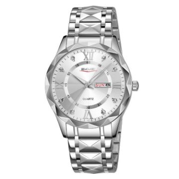 SKMEI Men's Silver Quartz Watch with Diamond Case & Luminous Feature - 1
