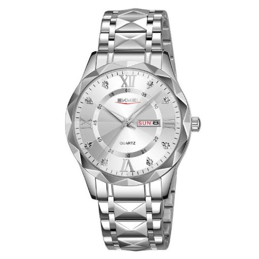 SKMEI Men's Silver Quartz Watch with Diamond Case & Luminous Feature - 1