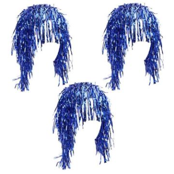 Sapphire Blue 3pcs Cosplay Disco Wigs Foil Tinsel Party Hats Props - 1