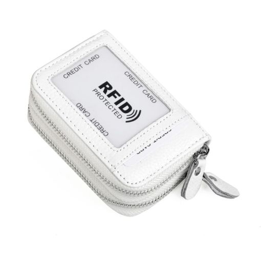 White Genuine Leather RFID Blocking Card Holder Wallet, 10.5x7x4cm - 1