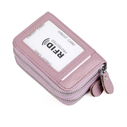 Lavender Genuine Leather RFID Blocking Wallet - Dual Zipper Card Holder - 1