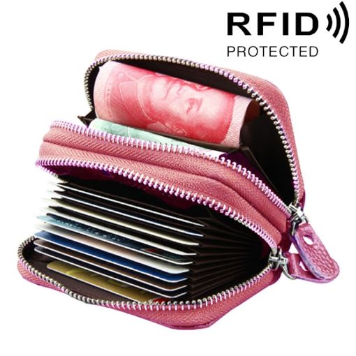 Pink Genuine Leather Card Holder Wallet RFID Blocking, 10.5x7.0x4.0cm - 1