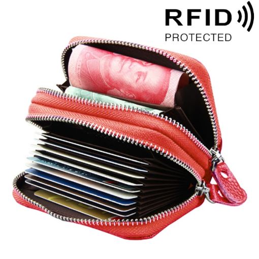 Red Genuine Leather Card Holder Wallet - RFID Blocking, Dual Zipper, 10.5x7x4cm - 1