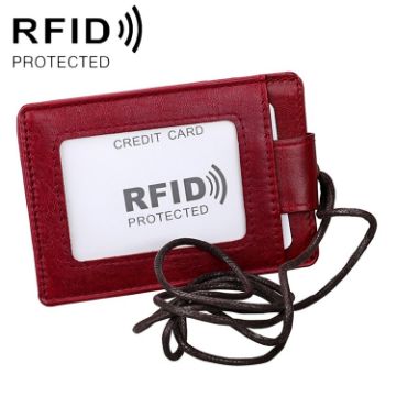 Red KB153 Antimagnetic RFID Leather Card Holder with Lanyard - 1