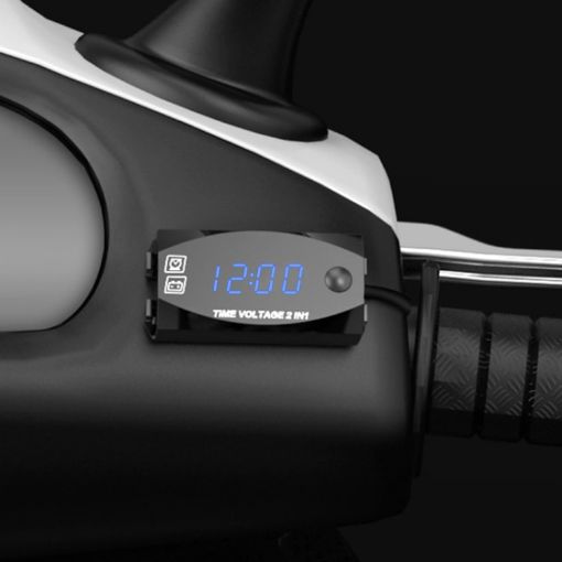 2 in 1 Motorcycle Voltmeter + Clock, Digital Display, 6-30V, IP67, Blue - 1