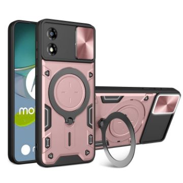Moto E13 Pink CD Texture Camshield Case with Magnetic Holder - 1