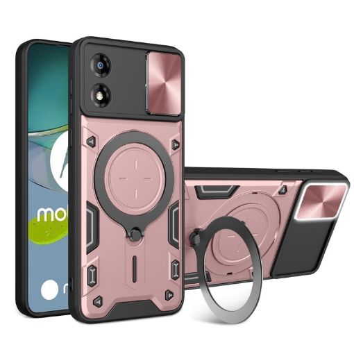 Moto E13 Pink CD Texture Camshield Case with Magnetic Holder - 1