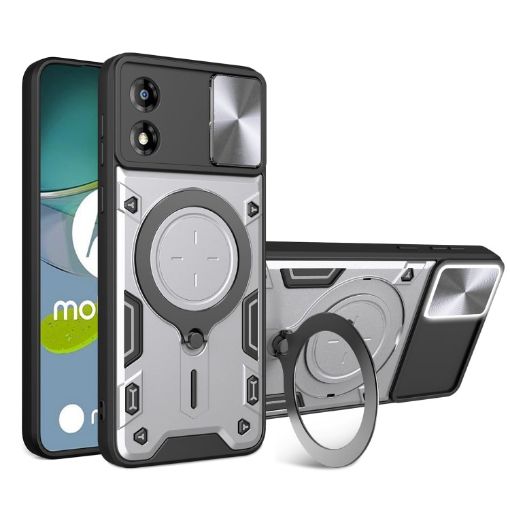 Moto E13 CD Texture Camshield Magnetic Holder Case - Silver - 1