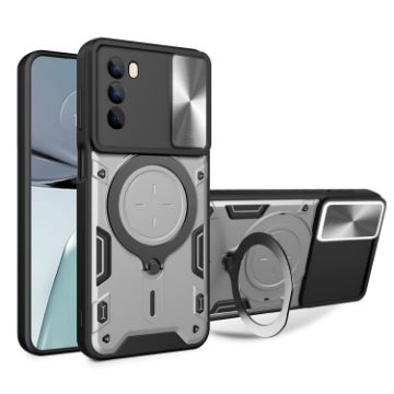 Moto G62 Silver CD Texture Camshield Case with Magnetic Holder - 1