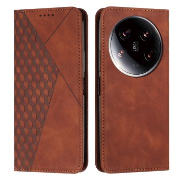Xiaomi 14 Ultra Brown Magnetic Leather Phone Case - Diamond Splicing Skin Feel - 1