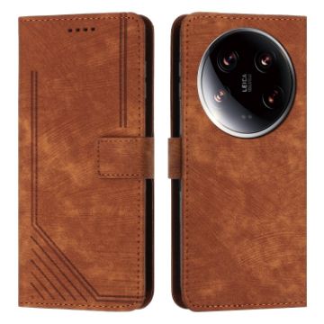 Xiaomi 14 Ultra Brown Leather Phone Case with Lanyard - Stripe Pattern - 1