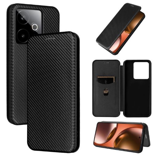 Realme GT 7 Global Flip Leather Phone Case - Carbon Fiber Texture Black - 1