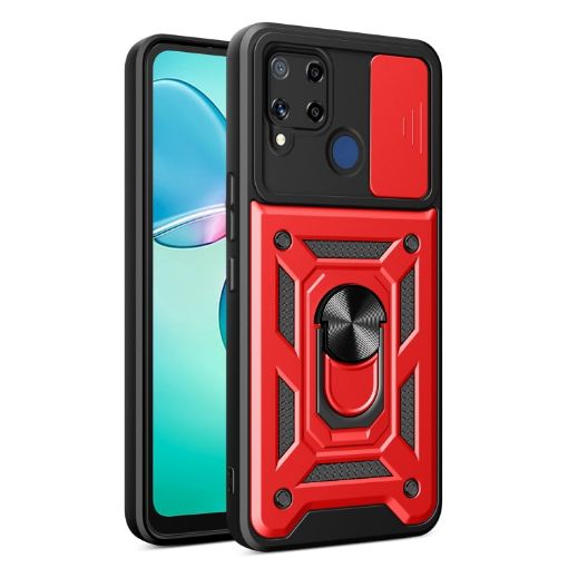 Realme C25/C15 Red Sliding Camera Cover TPU Hybrid PC Phone Case - 1