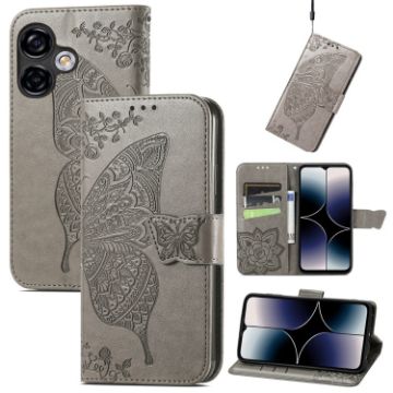 Ulefone Note 16 Pro Grey Leather Case - Butterfly Love Flower Design - 1