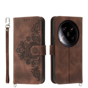 Xiaomi 14 Ultra Brown Embossed Flowers Wallet Leather Phone Case - 1