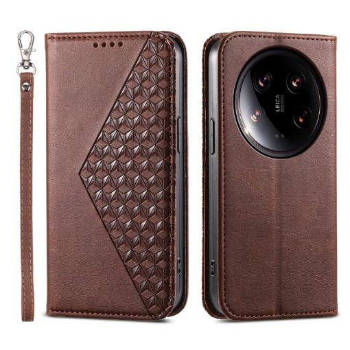 Xiaomi 14 Ultra Brown Magnetic Leather Phone Case - Calf Texture - 1