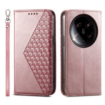Xiaomi 14 Ultra Rose Gold Magnetic Leather Phone Case - Calf Texture - 1