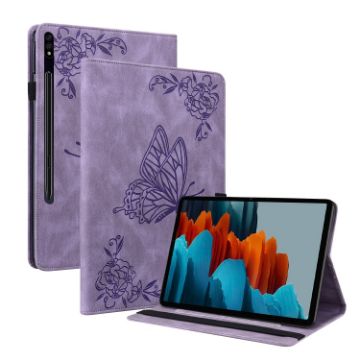Samsung Galaxy Tab S9+ Purple Butterfly Flower Embossed Leather Case - 1