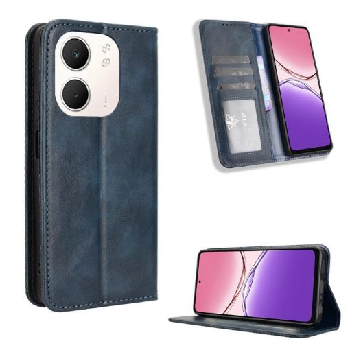 OPPO A5x 4G/5G Leather Phone Case - Blue, Magnetic Buckle, Retro Texture - 1