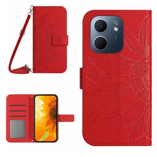 OPPO A5x 4G/5G Sun Flower Embossed Flip Leather Case with Lanyard Red - 1