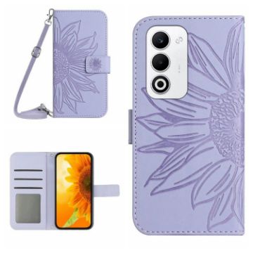 OPPO A5 5G Purple Sun Flower Embossed Flip Leather Case with Lanyard - 1