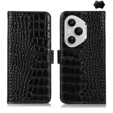 For Honor 400 Pro Global Crocodile Cowhide Leather Phone Case Black - 1